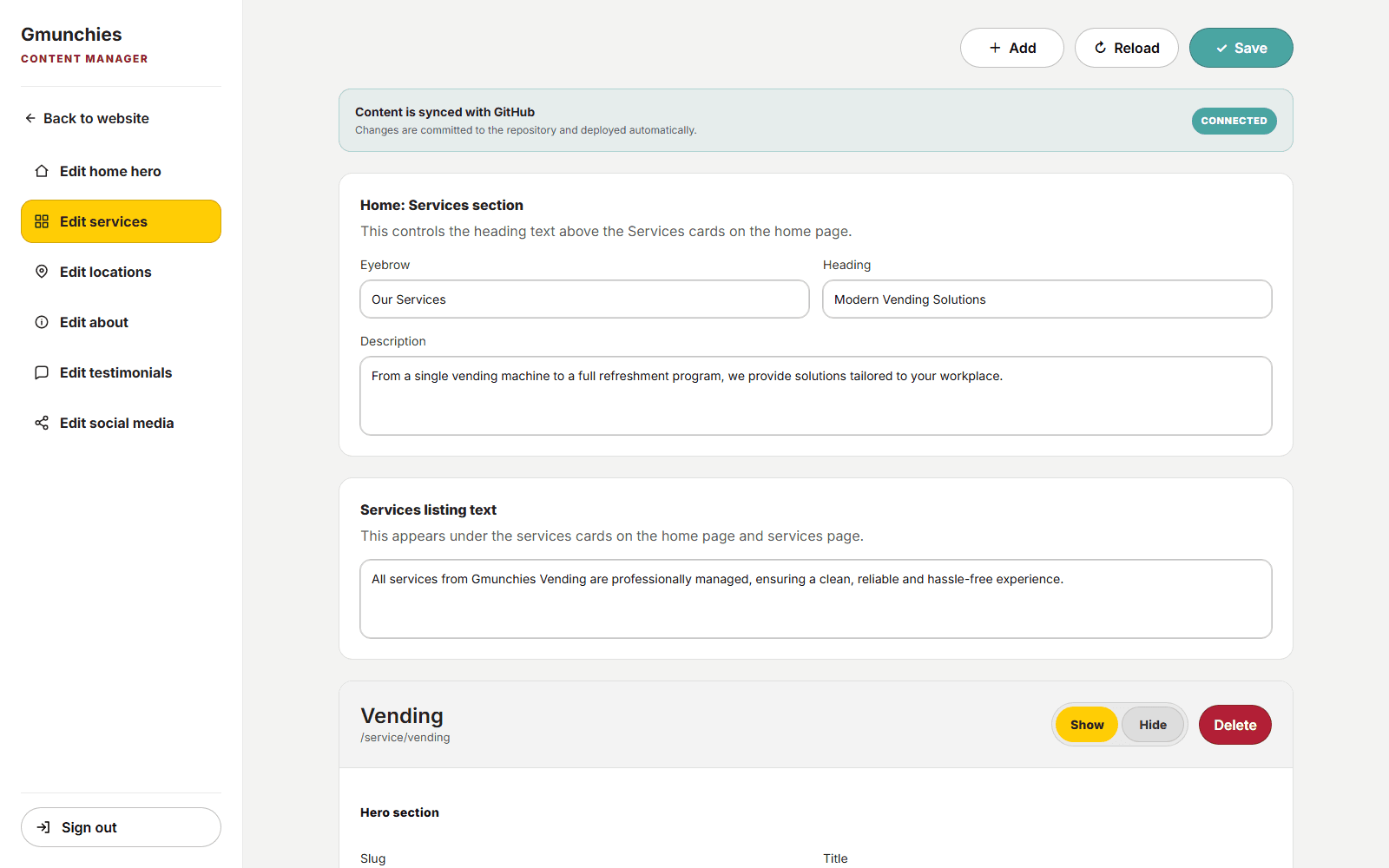 Gmunchies content management dashboard connected to GitHub