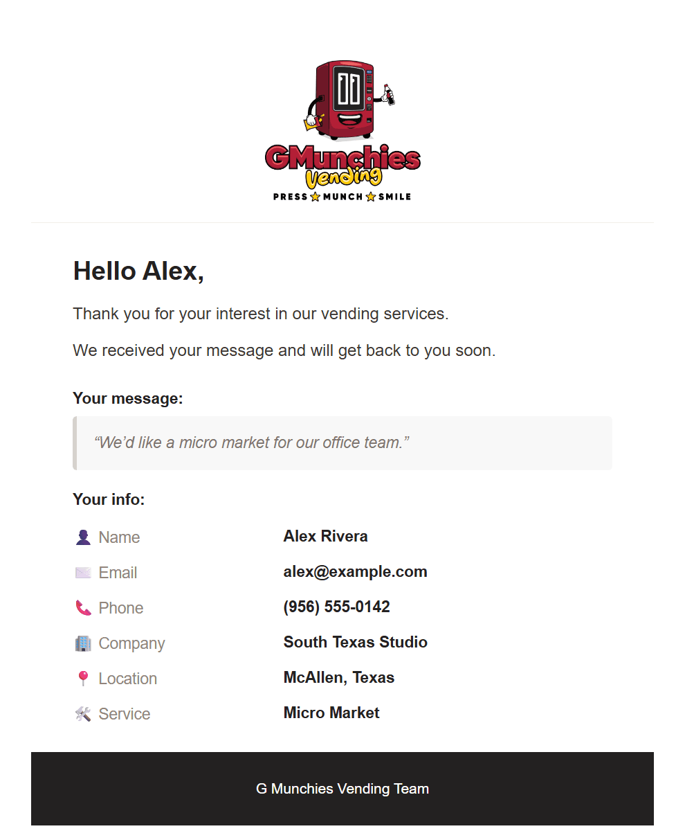 Gmunchies service-request confirmation email template