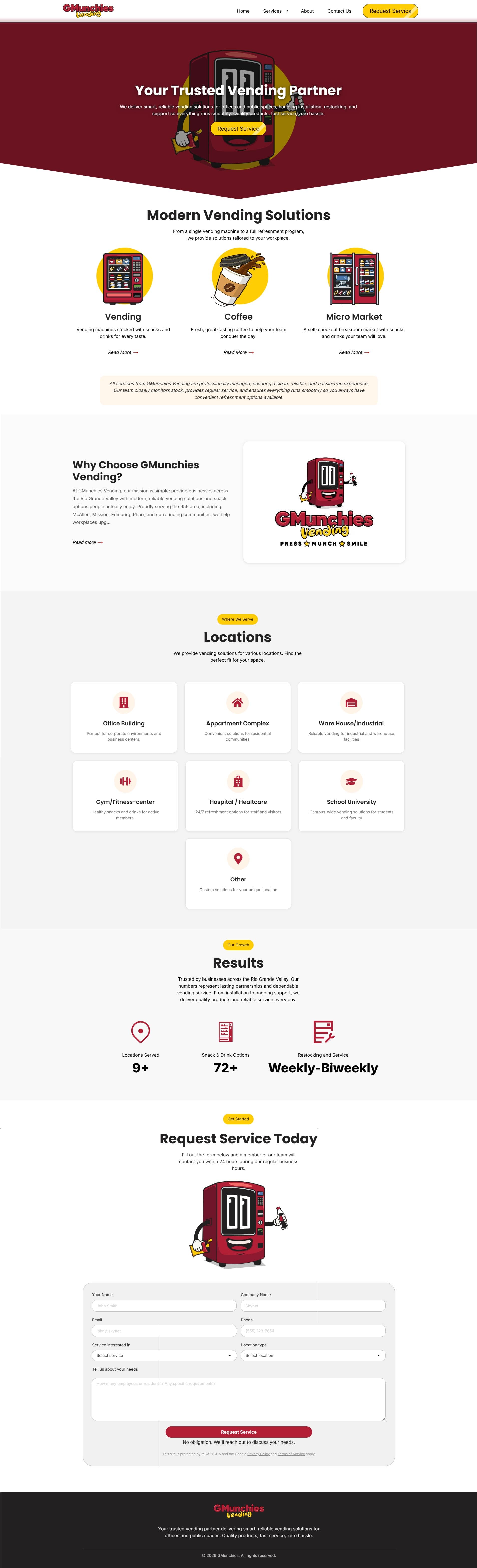 Full desktop view of the Gmunchies vending website