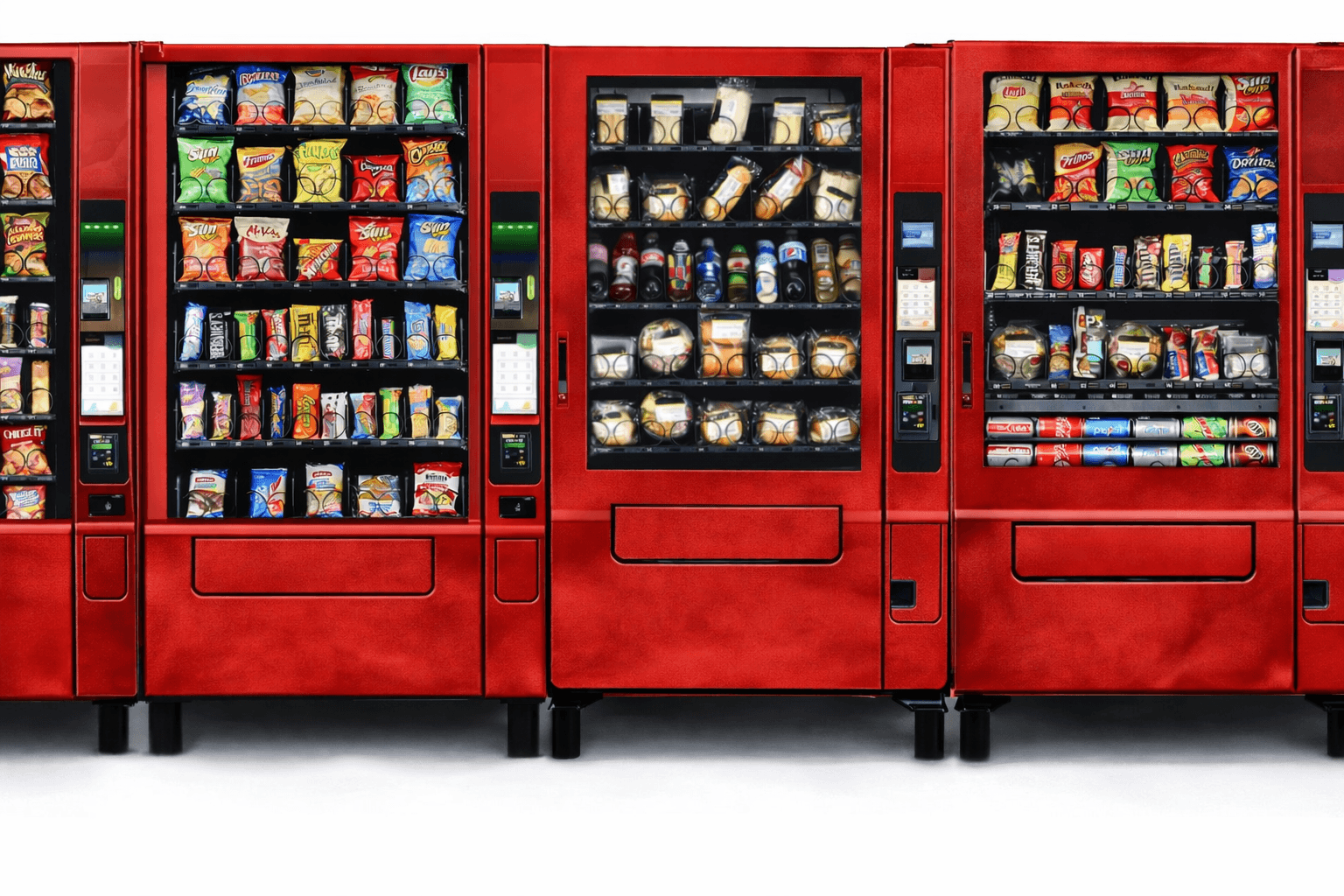 A lineup of red snack and drink vending machines