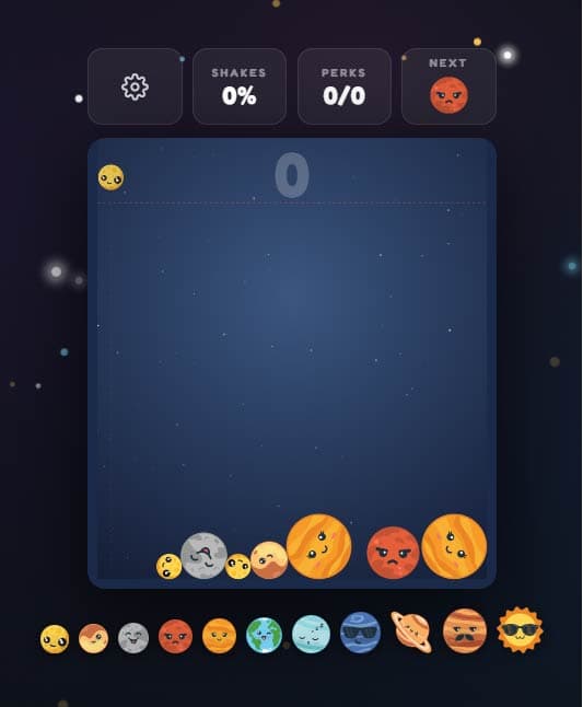 Planet Merge game interface with planets stacked inside the playfield
