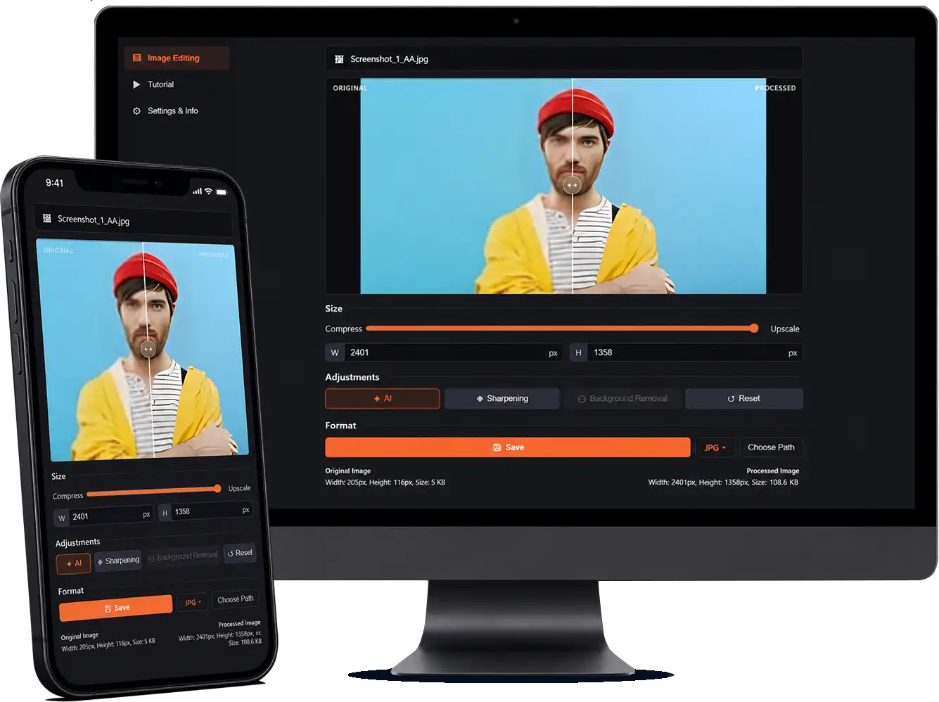Vexel image processing interface shown on desktop and mobile
