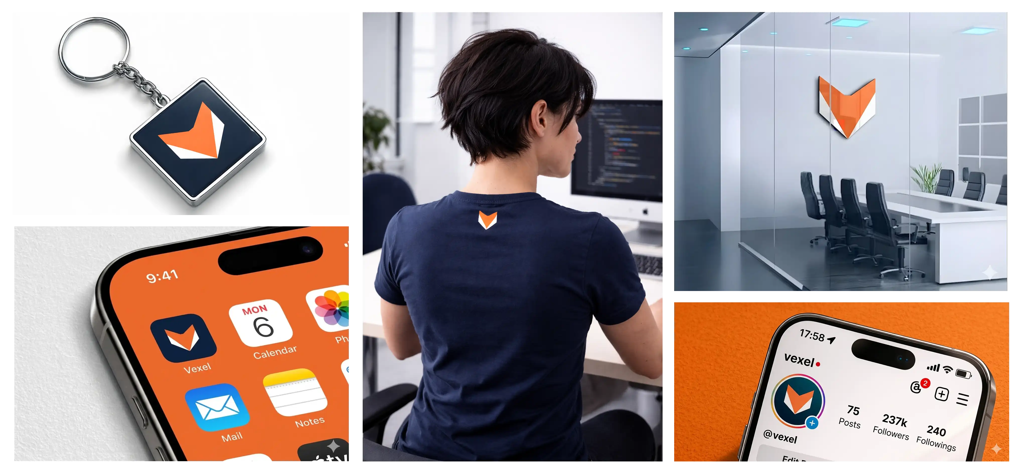 Vexel branding applied to a keychain, app icon, shirt, office sign and social profile